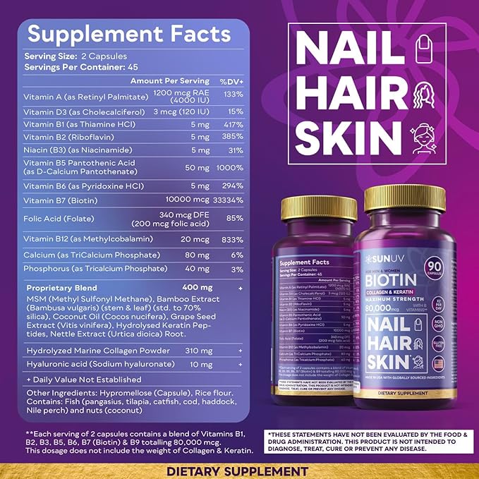 SUNUV Biotin 10,000mcg | Collagen | Keratin | Hyaluronic Acid - 80,000mcg Hair Growth Vitamins for Hair Skin & Nails Support - Women & Men - Vitamins B1,B2,B3,B5,B6,B9,B12 -Made in USA-90 Capsules
