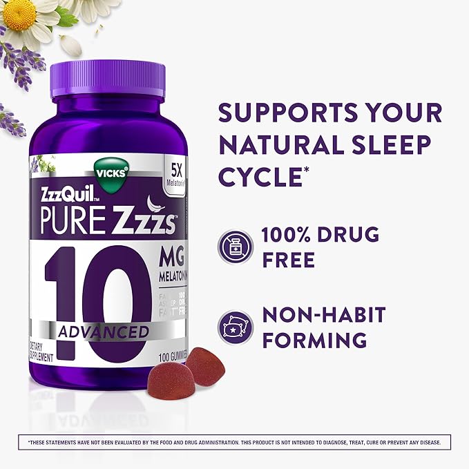 ZzzQuil Pure Zzzs Advanced Melatonin Gummies,Sleep Aid with Chamomile & Lavender for Adults Berry Flavored,100 Count (Pack of 2)