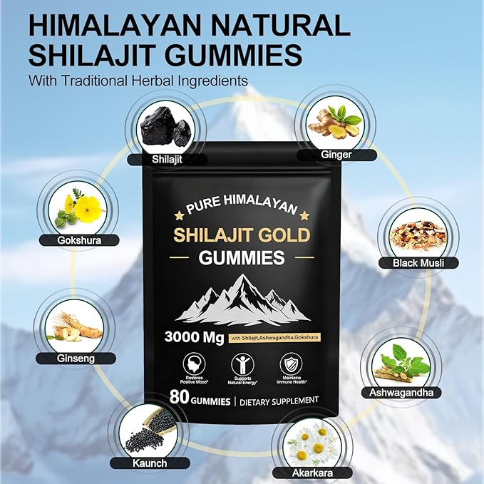 Shilajit Gummies | Shilajit Gold Gummies for Men & Women | Rich in Ashwagandha & Gokshura | Fulvic Acid & 85+ Trace Minerals | No Added Sugar | 100% Natural Organic, 80 Gummies
