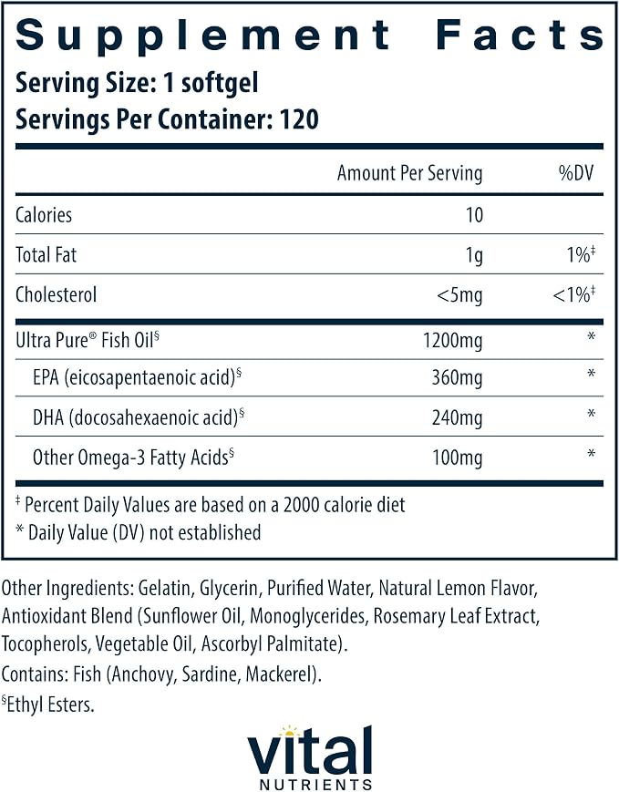 Vital Nutrients Ultra Pure Fish Oil 700 - Supports Heart, Brain, and Joint Health* - Sustainably Sourced High EPA & DHA Omega-3 Fatty Acid - Lemon Flavor - Gluten, Dairy & Soy Free - 120 Softgels