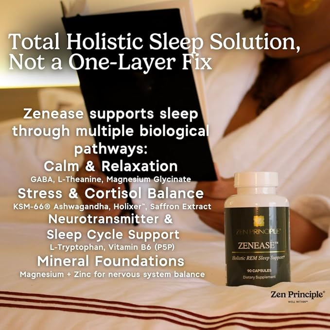Zen Principle Zenease Sleep Support with Magnesium Glycinate, Ashwagandha KSM-66®, Saffron, L-Theanine & GABA – No Melatonin, Natural Stress Relief & Sleep Aid. 180 Capsules