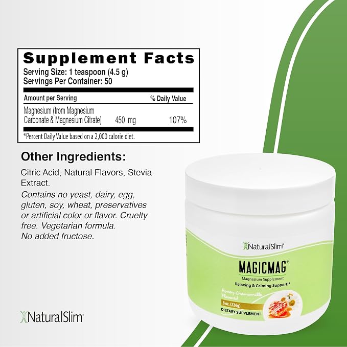 NaturalSlim Magicmag Pure Magnesium Citrate Powder Stress, Constipation, Muscle, Heart Health, and Sleep Support | Honey Chamomile Flavored Magnesium Supplement - 8oz Drink Mix (2 Pack)