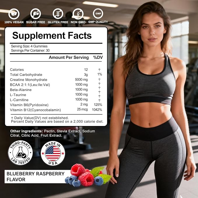 ooioo Creatine Monohydrate Gummies for Men & Women – Boost Focus, Stamina & Muscle Growth – Sugar Free, Vegan, with L-Taurine, BCAA 2:1:1, B12 & B6 – Mixed Berry Flavor – 120 Gummies