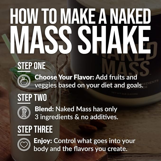 NAKED Mass - Natural Weight Gainer Protein Powder - 8 LB Bulk, NSF Certified, GMO Free, Gluten Free & Soy Free. No Artificial Ingredients - 1,250 Calories per Serving
