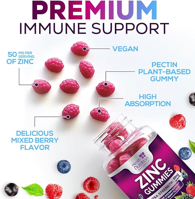 Zinc Gummies 50mg per Serving - Extra Strength Immune Support Antioxidant Gummy, Non-GMO & Gluten Free - Best Zinc Supplement for Skin Bone & Heart Health - Chewable Tasty Berry Flavor - 60 Gummies