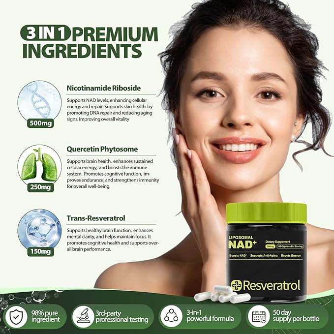 NAD+ Supplement, NAD Nicotinamide Riboside Resveratrol, Liposomal NAD - NMNH Supplement Alternative for Anti-Aging, Mental Clarity & Cellular Energy – 3PCS