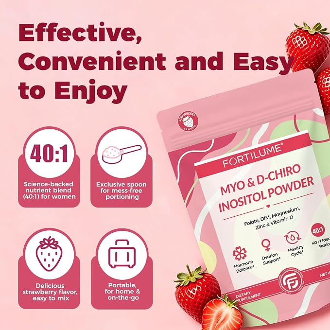 Myo & D-Chiro Inositol Powder 40:1 Ratio for Women's Hormone Balance & Ovarian Support - with Folate, DIM, Zinc, Magnesium Glycinate & Vitamin D3, 30 Servings (Strawberry)
