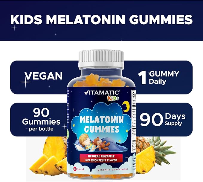 Vitamatic Sugar Free Kids Melatonin 1mg, 90 Gummies, Pineapple & passionfruit Flavored Gummies, 90 Days Supply