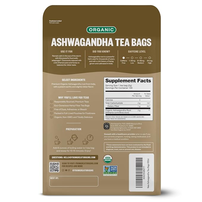FGO Organic Ashwagandha Tea, 100 Count, Eco-Conscious Tea Bags, Resealable Bag, Packaging May Vary (Pack of 1)