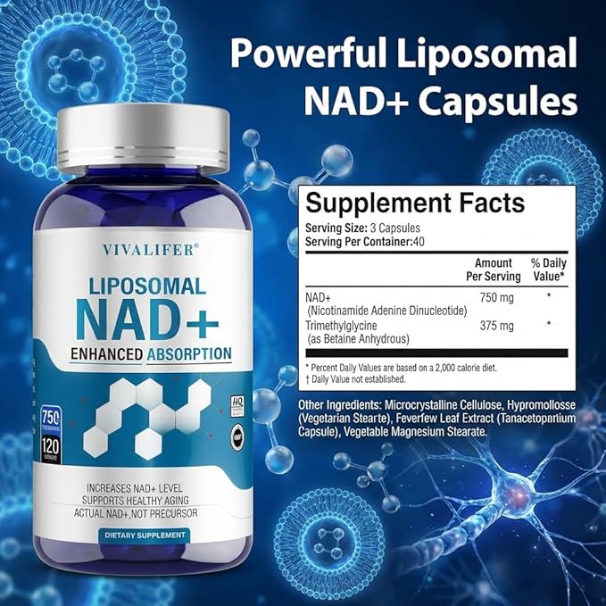 Liposomal NAD+ Supplement 750mg - 120 Capsules NMN Alternative Superior Absorption & Bioavailability -True Nicotinamide Adenine Dinucleotide for Cellular Energy, DNA Repair Support & Healthy Aging