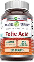 Amazing Formulas Folic Acid (Vitamin B9) 400 mcg | Tablets Supplement | Non-GMO | Gluten Free | Made in USA (1 Pack, 250 Count)