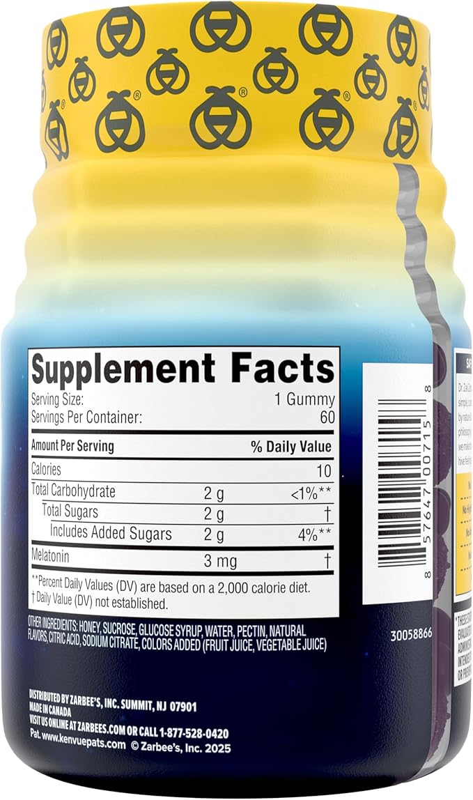 Zarbee's Melatonin Gummies 3mg Sleep Supplement to Promote Peaceful Sleep,Natural Mixed Fruit Flavor,Adults Gummy Age 12 Up,60 Count (Pack of 2)