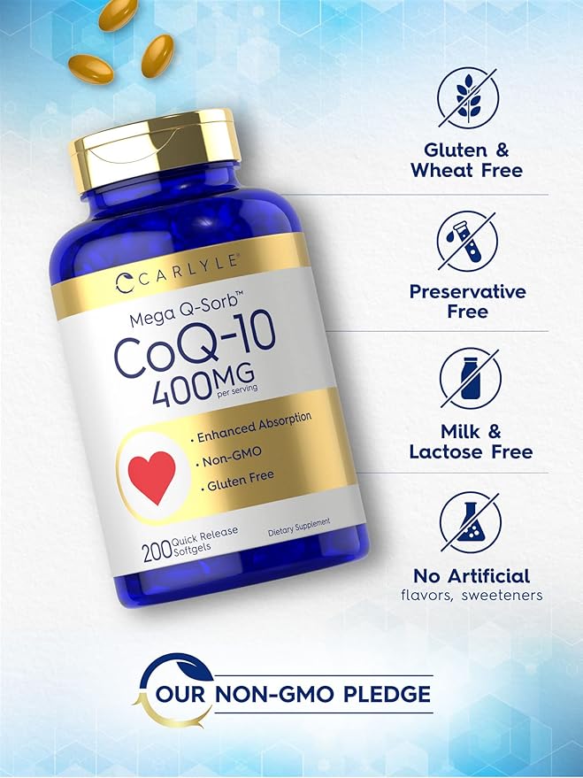 Carlyle CoQ10 400mg Softgels | 200 Count | High Absorption Coenzyme Q10 | with Black Pepper Extract | Non-GMO and Gluten Free Supplement