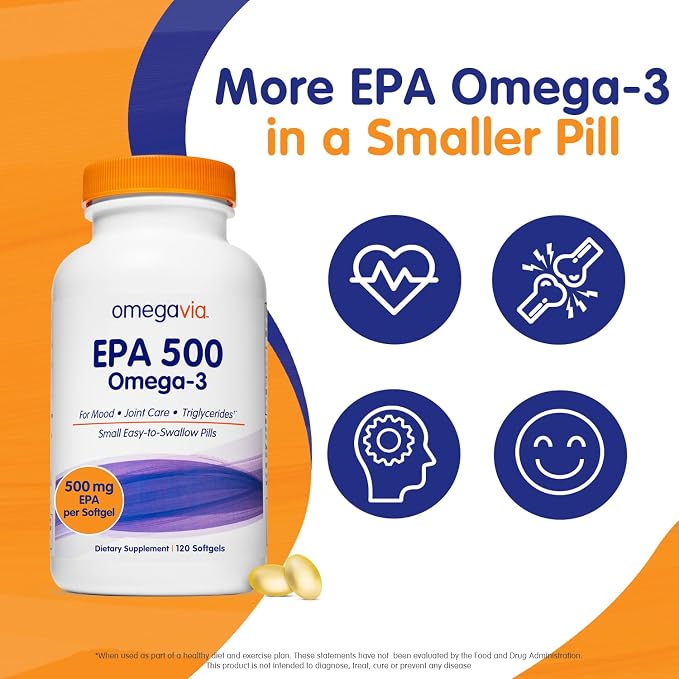 OmegaVia EPA 500, Purified Omega-3 Fish Oil Supplement, 500 mg EPA in Triglyceride Form, Burpless Fish Oil, Non-GMO, Gluten-Free, IFOS 5-Star, 120 Softgels (Pack of 2)