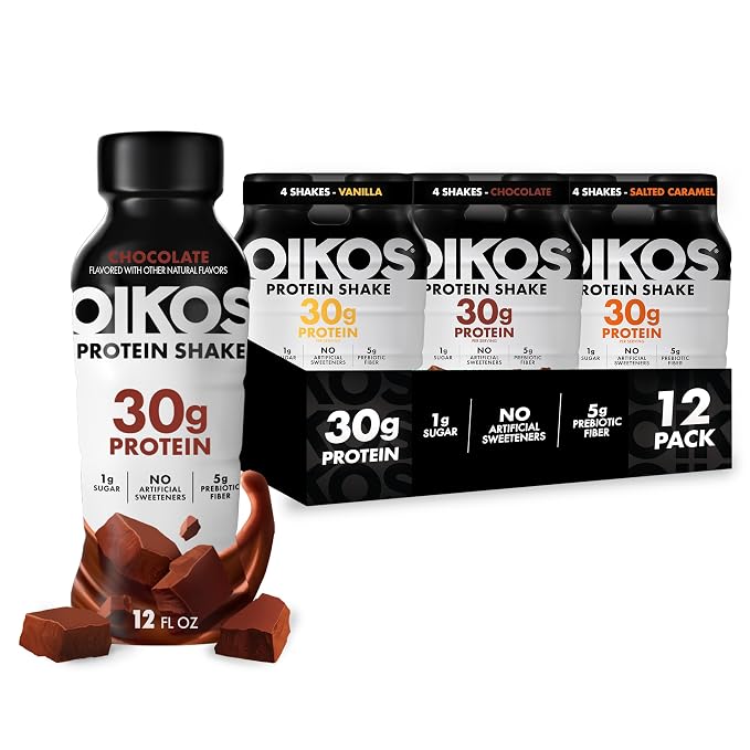 Oikos Protein Shake, Exclusive Variety Pack, 30g High Protein Drinks, Shelf Stable, Ready to Drink, 5g Prebiotic Fiber, 12 fl oz Bottle (4 ct Chocolate, 4 ct Vanilla, 4 ct Salted Caramel)