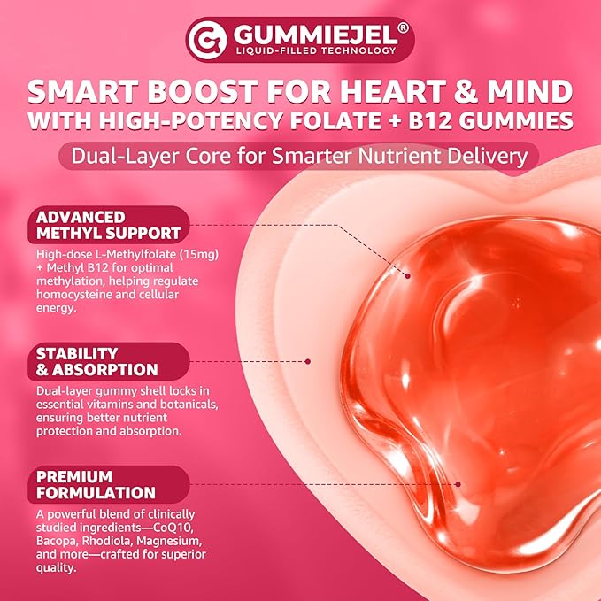 L-Methylfolate 15mg & 2,000 mcg Methyl B12 Gummies, Extra Strength Methylation Support for Women and Men, Active 5-MTHF with CoQ10, Magnesium, TMG, L-Theanine, B1 B2 B6 B9 for Cognitive, Energy,60Cts