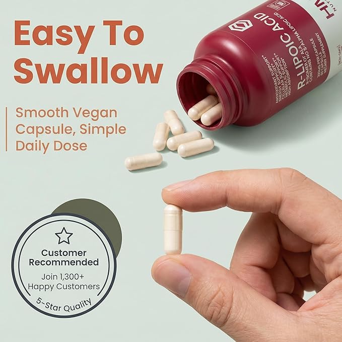 Stabilized R-Lipoic Acid 300 mg per Serving — Pure R Alpha Lipoic Acid (R-ALA) High Potency Active R Isomer Antioxidant Nerve & Metabolism Support — NSF Certified Non-GMO Vegan 60Capsule