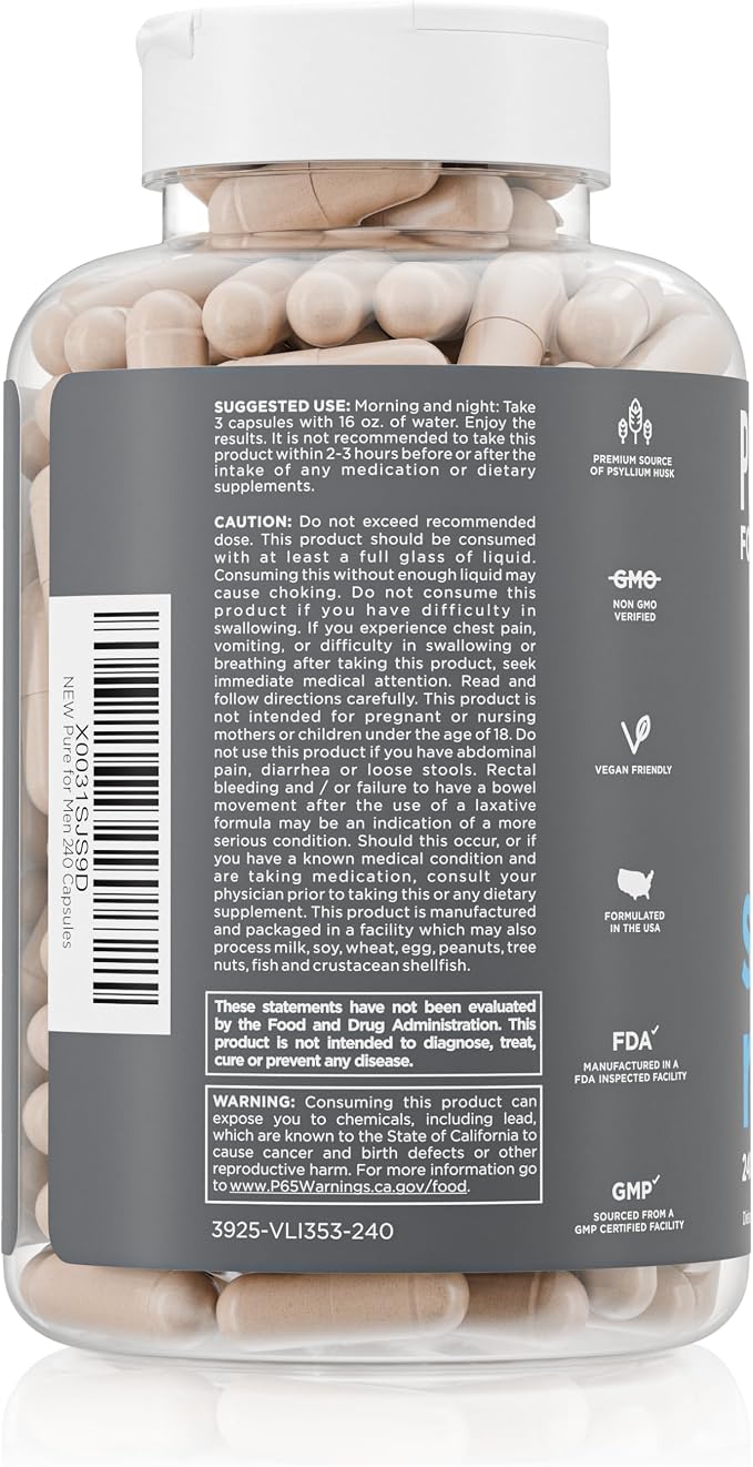 Pure for Men Original Cleanliness Stay Ready Fiber Supplement | Helps Promote Digestive Regularity | Psyllium Husk, Aloe Vera, Chia Seeds, Flaxseeds | Proprietary Formula | 240 Vegan Capsules