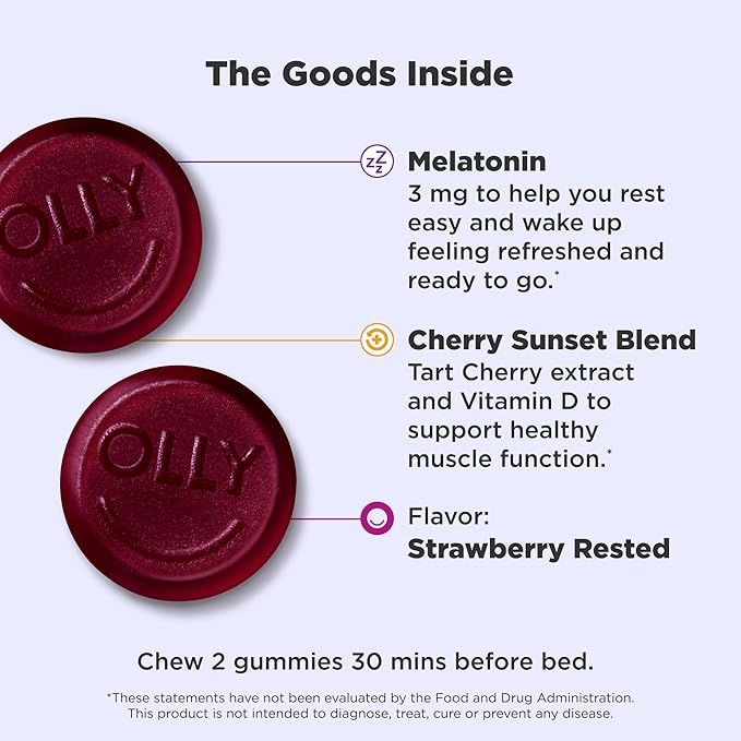 OLLY Muscle Recovery Sleep Gummies,Sleep and Sore Muscle Support,3mg Melatonin,Tart Cherry,Vitamin D,Berry Flavor -,40 Count (Pack of 2)