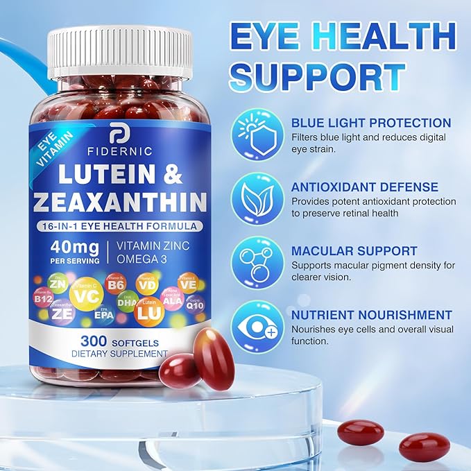 Lutein and Zeaxanthin Supplement - AREDS 2 Plus+ Eye Vitamins, 40 mg Lutein & 8 mg Zeaxanthin with Vitamins C, E, Zinc, Omega-3 & CoQ10 for Blue Light Protection, Eye Health Support  - 300 Softgels