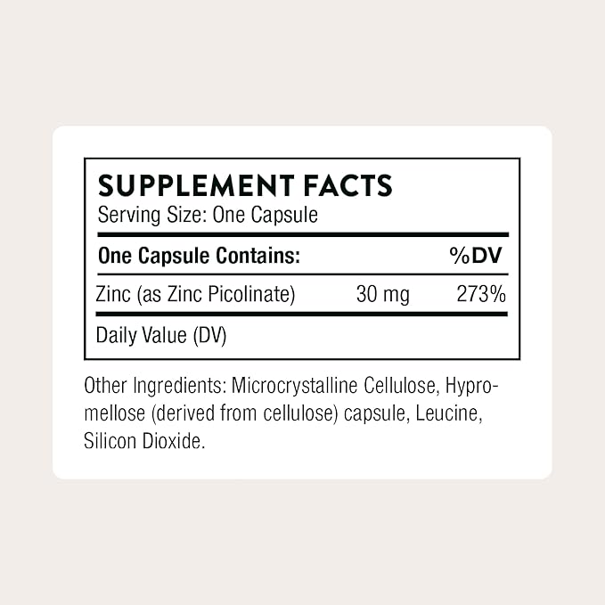 THORNE - Zinc Picolinate 30 mg - Well-Absorbed Zinc Supplement for Growth and Immune Function - Promotes Healthy Skin & Eyes* - Third-Party Certified - Gluten, Dairy & Soy-Free - 60 Capsules