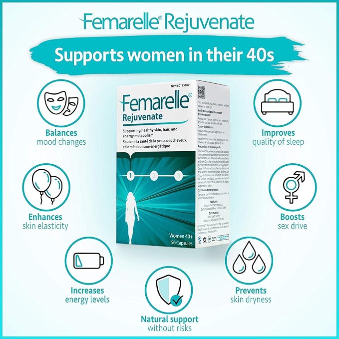 Femarelle® Rejuvenate – Perimenopause Supplement for Woman – Wellbeing Support – Hormone-Free, with DT56a, Flaxseed, Biotin, & Vitamin B2 – Mood, Energy & Skin Wellness – 56 Capsules (1 Month Supply)
