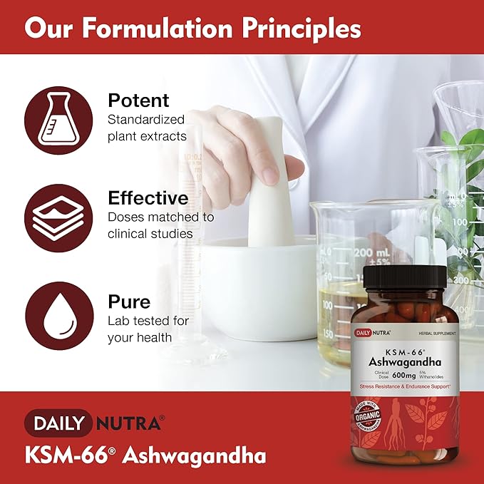 DailyNutra KSM-66 Ashwagandha 600mg Organic Root Extract - High Potency Supplement with 5% Withanolides | Relieves Tiredness, Supports Relaxation, Focus, Energy, & Muscle Growth (90 Capsules)