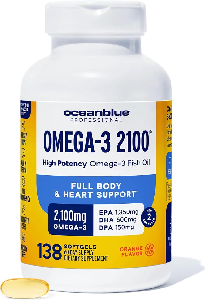Oceanblue Professional Omega-3 2100mg Fish Oil Supplement - Triple Strength, High Potency EPA, DHA & DPA - Burpless, Wild-Caught, Natural Orange Flavor - 138 Softgels