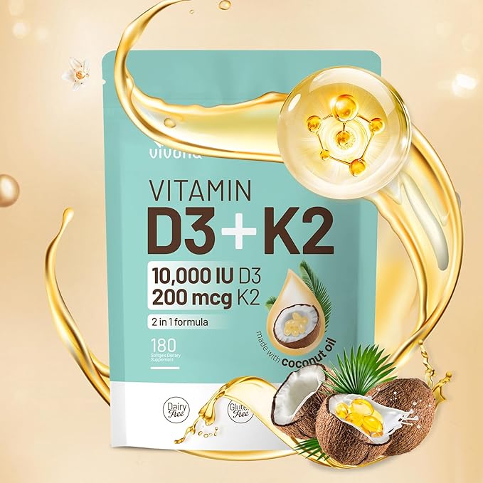 VivoNu Vitamin D3 K2 10000 IU with MK7-300 Virgin Coconut Oil Softgels, 2 in 1 Vitamins D & K Complex | Vitamina D3 con K2 (180 Capsules per / 1Bag)