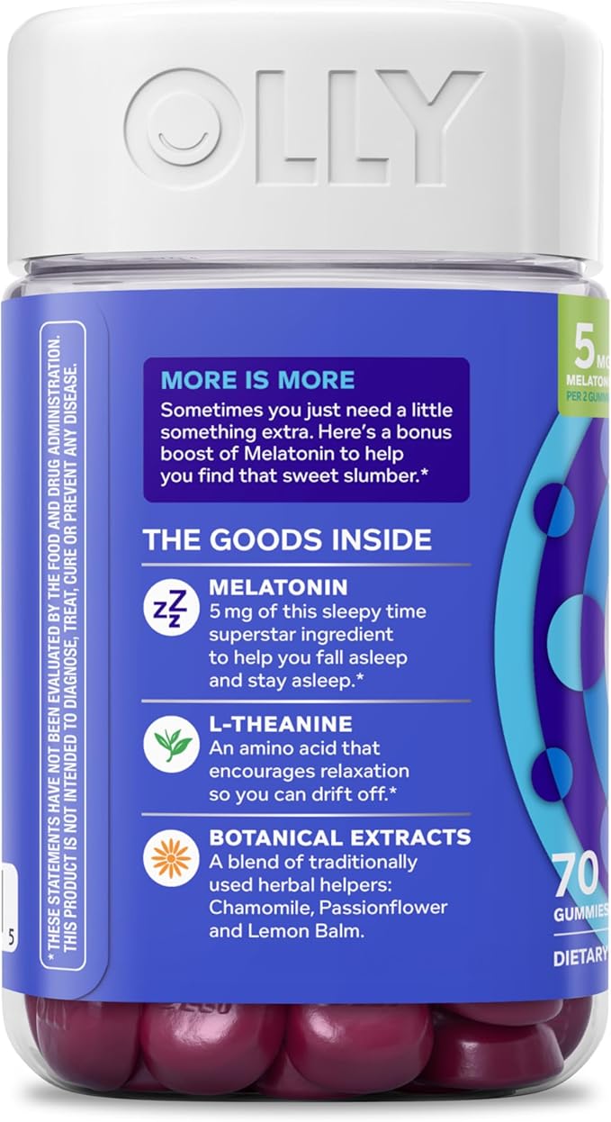 OLLY Extra Strength Sleep Gummy, Occasional Sleep Support, 5 mg Melatonin, L-Theanine, Chamomile, Lemon Balm Extracts, Sleep Aid, Blackberry Flavor - 70 Count (Packaging May Vary)