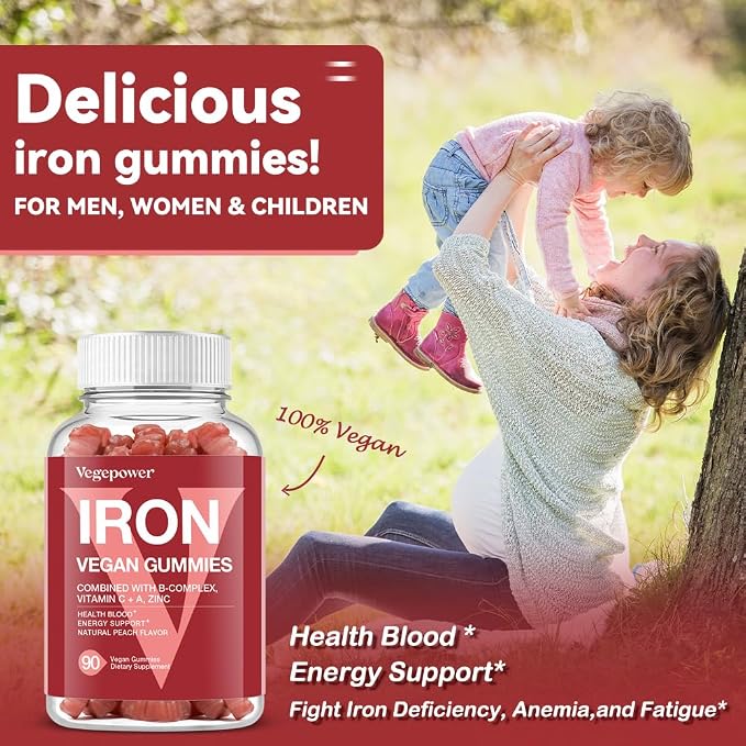 Iron Gummies Supplements for Women & Kids - Multivitamin with Iron for Blood Oxygen, Great Tasting Gummy Vitamins with Vitamin C for Max Absorption - Vegan Chewable, Peach Flavor(3 Packs)