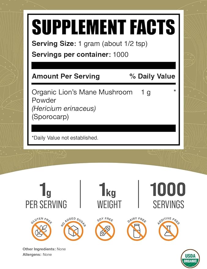 BulkSupplements.com Organic Lions Mane Mushroom Powder - Lions Mane Powder, Mushroom Supplement - Vegan & Gluten Free, 1g per Serving, 1kg (2.2 lbs) (Pack of 1)
