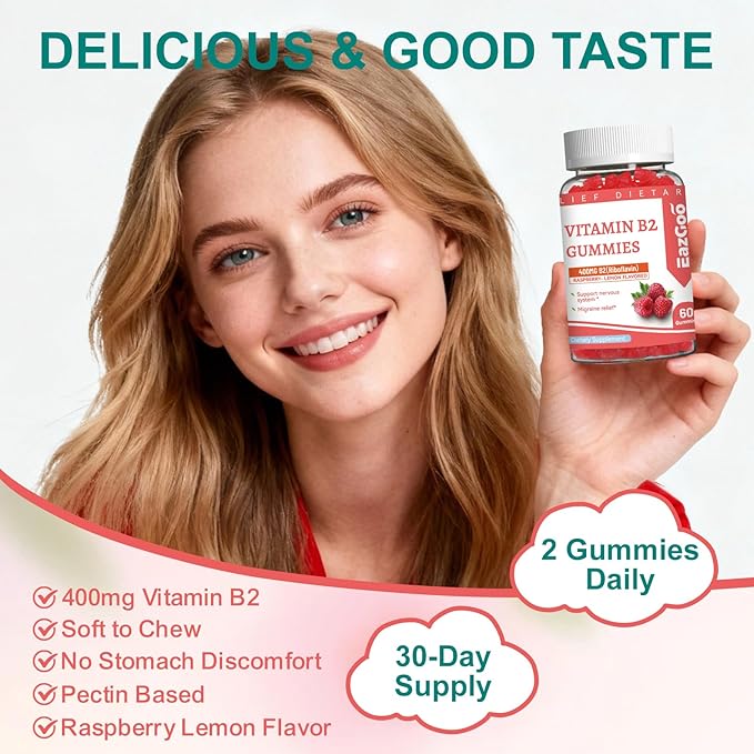 2 Pack Vitamin B2 Gummies - Riboflavin 400mg Supplement with Magnesium for Adults, B2 Gummies for Migraine Relief* & Nervous System Support* - Vegan, Sugar-Free, Raspberry-Lemon Flavor, 120 Count