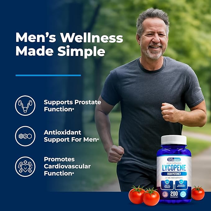 We Like Vitamins Lycopene Supplements for Men - Lycopene 20mg Per Serving - 200 Capsules - Super Antioxidant which Helps Support Immune System and Prostate Health