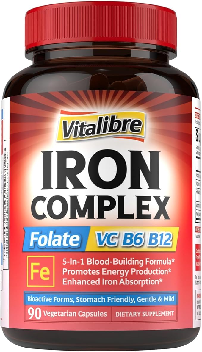 Iron Supplement for Women & Men, with Vitamins C, B6, B12 & Folate for Iron Deficiency, Blood Building & Energy Support, Stomach Friendly, Better Absorption, Non-GMO, No Gluten, 90 Vegan Caps