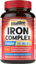 Iron Supplement for Women & Men, with Vitamins C, B6, B12 & Folate for Iron Deficiency, Blood Building & Energy Support, Stomach Friendly, Better Absorption, Non-GMO, No Gluten, 90 Vegan Caps