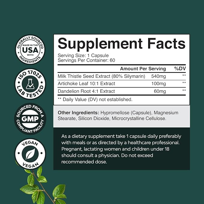 Liver Support Milk Thistle Supplement for Liver Cleanse Detox & Repair - Advanced Milk Thistle and Dandelion Root Supplement with Artichoke Extract - Dandelion Capsules for Detox - 60 Ct