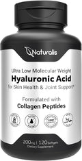 Naturalis Hyaluronic Acid 200mg, 10x Better Absorption Ultra Low Molecular Weight with Collagen, Biotin, Selenium & Vitamin E | Hair, Skin, Nails & Joint Supplements | 120 Softgels