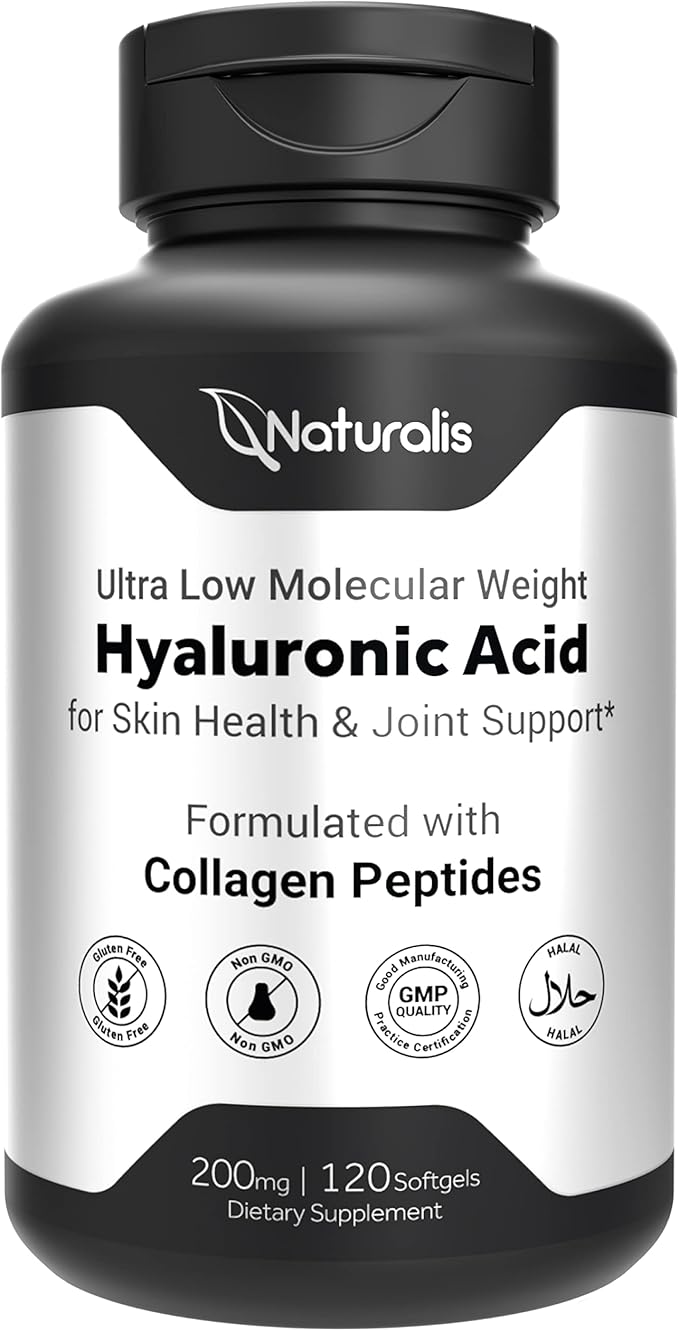 Naturalis Hyaluronic Acid 200mg, 10x Better Absorption Ultra Low Molecular Weight with Collagen, Biotin, Selenium & Vitamin E | Hair, Skin, Nails & Joint Supplements | 120 Softgels