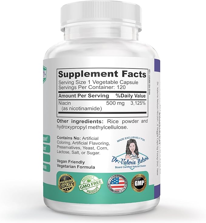 Nicotinamide 500 mg - Vitamin B3 – Energy; Cell & Skin Health. Value Priced - Flush-Free - 120 Veggie Caps by Foxxy Doc