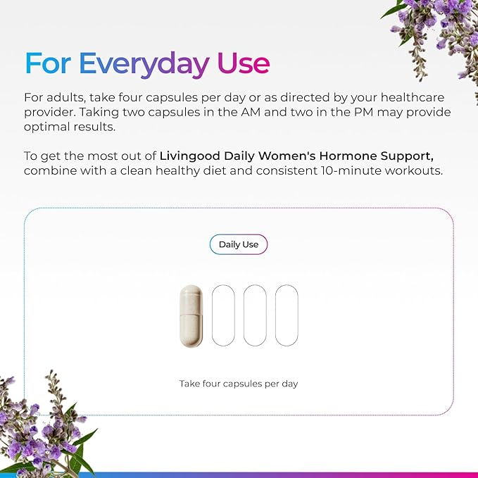 Livingood Daily Women’s Hormone Support Supplement, Estrogen Balance with Fenugreek, Black Cohosh, Chasteberry, DIM, Natural PMS & Menopause Support, Non GMO, Gluten Free, Vegetarian Capsules, 120 Ct