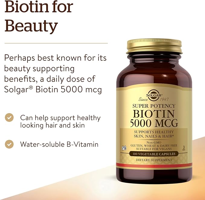 Solgar Biotin 5000 mcg, 100 Veg Caps - Promote Healthy Skin, Nails & Hair - Supports Energy Production, Protein, Carbohydrate & Fat Metabolism - Vitamin B - Non GMO, Vegan, Gluten Free - 100 Servings