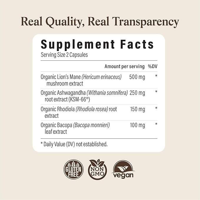 Real Mushrooms RealClarity Capsules – Lion’s Mane, KSM-66 Ashwagandha, Rhodiola & Bacopa – Mental Sharpness, Alertness. & Adaptogenic Support – Vegan, Non-GMO – 60 Count Mushroom Supplement