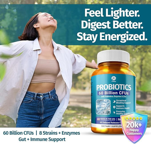 1 Body 60 Billion Probiotics for Men & Women, Gut Health for Men & Women with Prebiotics, Digestive Enzymes, Zinc & L-Glutamin, Non-GMO, 60 Vegan Digestive Probiotic Capsules
