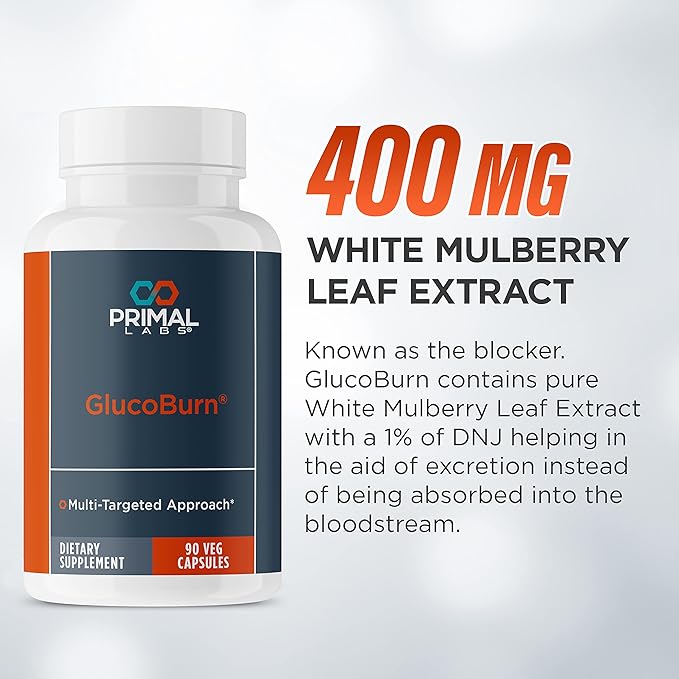 Primal Labs GlucoBurn Support Supplement with White Mulberry Leaf Extract and Alpha Lipoic Acid, 90 Veg capsules