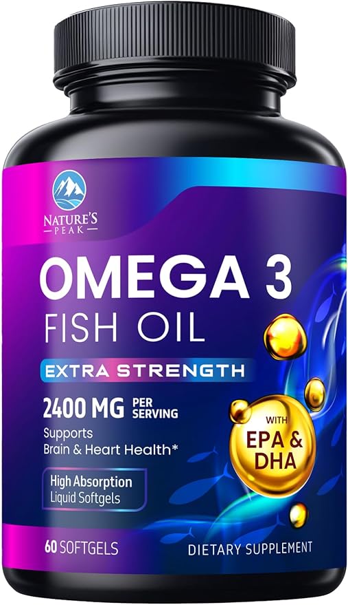 Omega 3 Fish Oil Supplements - 2400mg Fish Oil Per Serving - Triple Strength Omega-3 with Fatty Acids EPA & DHA - Natural Heart, Brain & Immune Support - Wild Caught, Bottled in USA - 60 Softgels