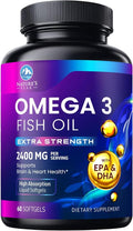 Omega 3 Fish Oil Supplements - 2400mg Fish Oil Per Serving - Triple Strength Omega-3 with Fatty Acids EPA & DHA - Natural Heart, Brain & Immune Support - Wild Caught, Bottled in USA - 60 Softgels
