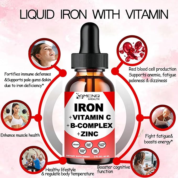2 Pack Liquid Iron Supplement w/Vitamin C, A, B-Complex, Vegan Iron Drops High Potency Liquid Vitamin & Iron Supplements for Women, Men & Children -Support Red Blood Cell, Energy, Anemia & Fatigue