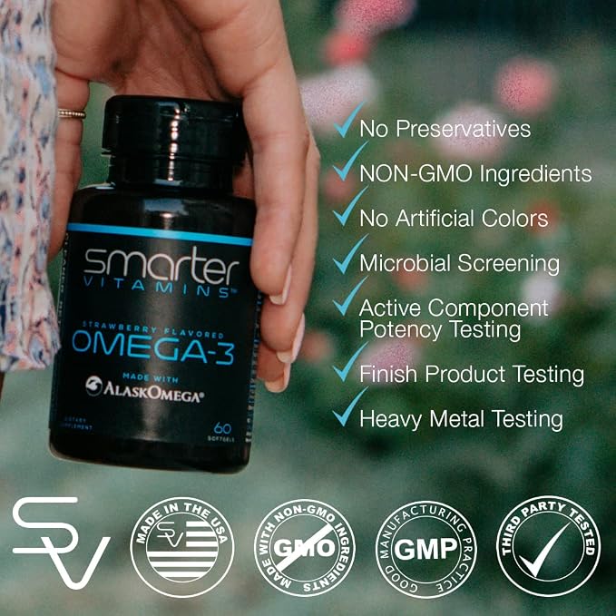 (3 Pack) Smarter Omega 3 Fish Oil, Berry Flavor, Burpless, Tasteless, 2000mg, DHA EPA Triple Strength Brain, Made with AlaskOmega®