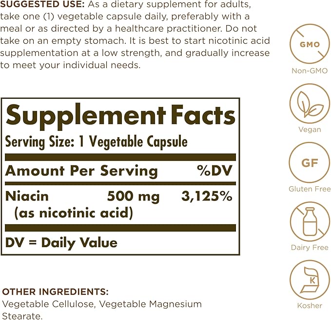 Solgar Niacin (Vitamin B3) 500 mg, 100 Vegetable Capsules - Non-GMO, Vegan, Gluten Free, Dairy Free, Kosher - 100 Servings